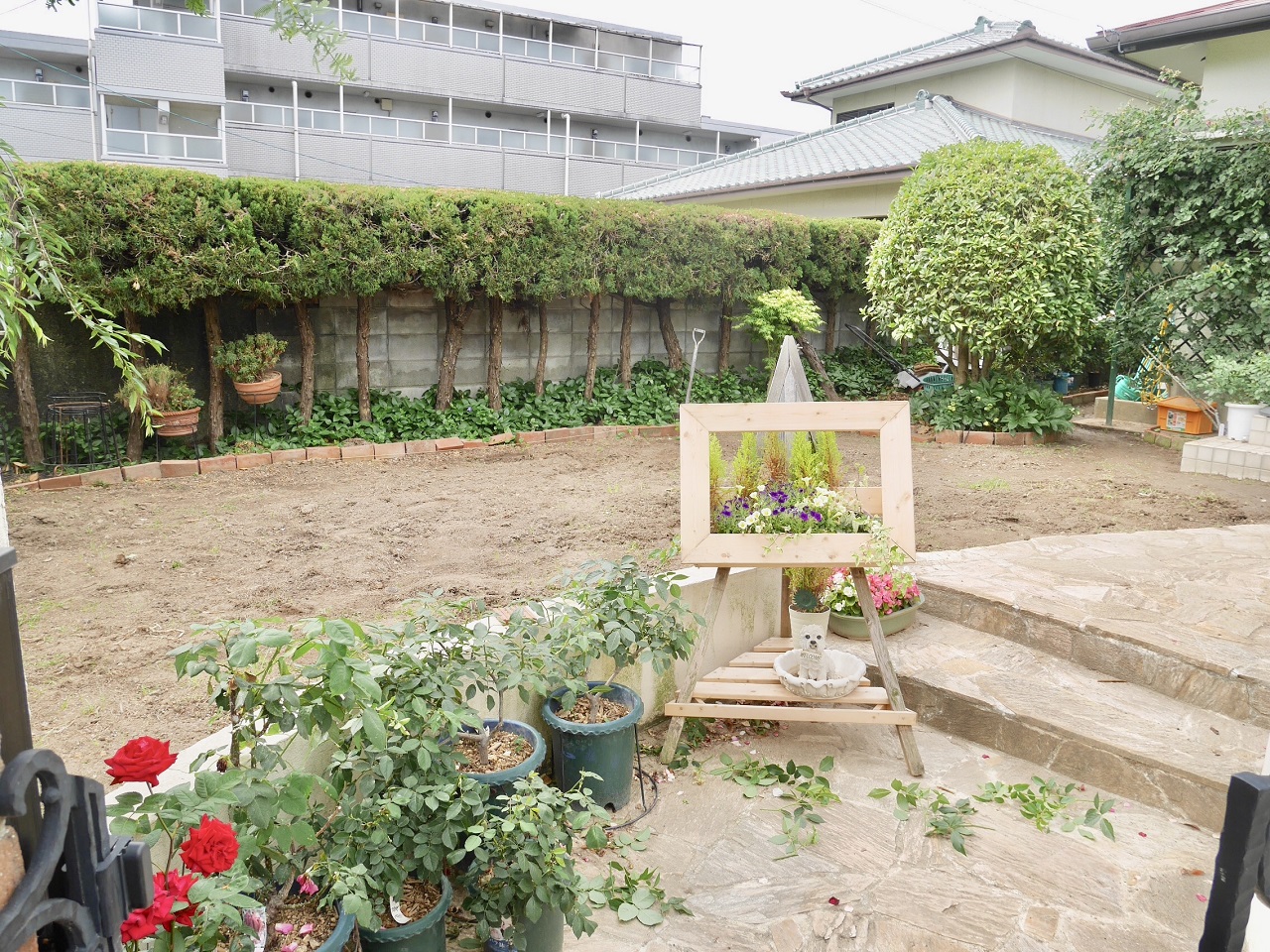 不陸が凹凸した土がむき出しのお庭